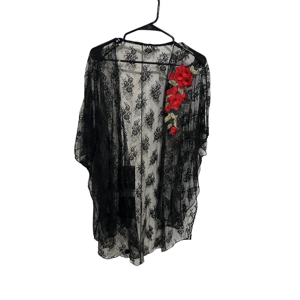 Black Sheer Lace Kimono Cardigan Red Rose Embroidery Whimsigoth Witchy Y2K